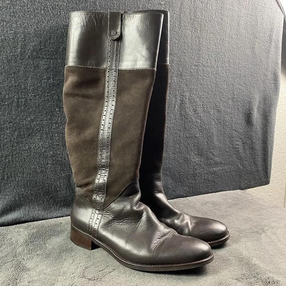 Brown Boots Womens 39 Leather Suede Zip Block Heel Tall Knee High Flat Shoes US9
